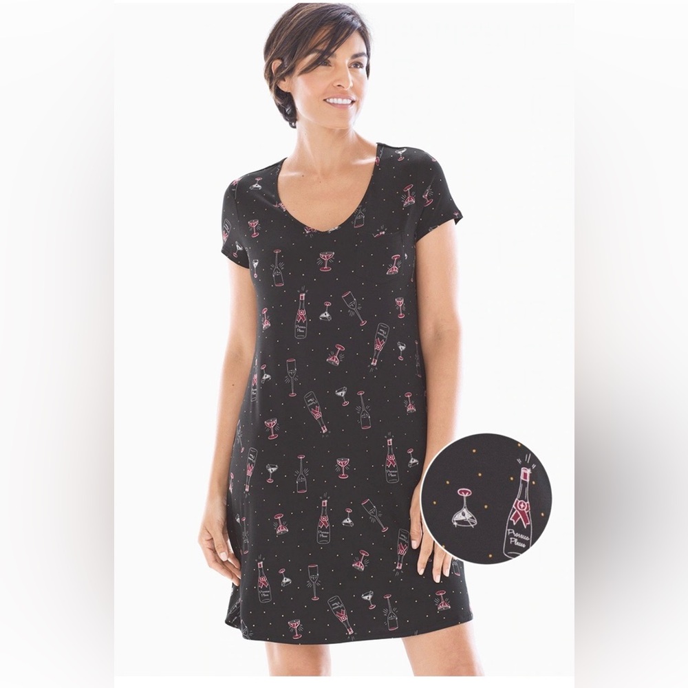 Soma Short Sleeve Sleepshirt Black Prosecco Please PJ Women’s size Medium